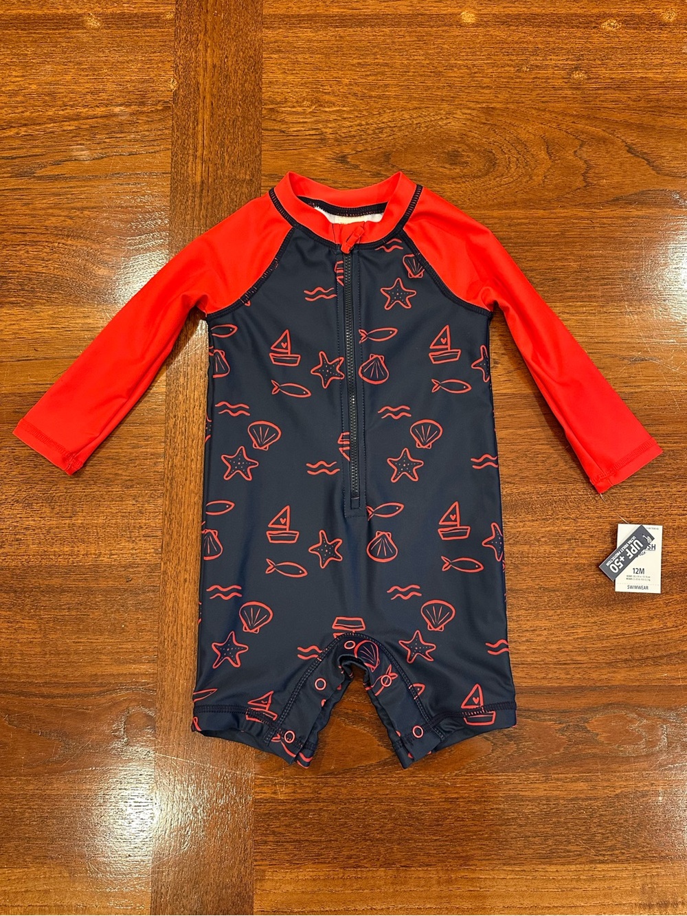 NWT Oshkosh Bgosh Seaside Long Sleeve One-Piece Rashguard, 12 Months, Navy/Red